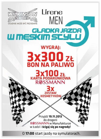 „Prawdziwy facet jeździ jak…”? LIFESTYLE, Uroda - 19 listopada odwiedź drogerię Rossmann w Manufakturze i zdobądź nagrody od Wilkinson. Odpowiedz na pytanie i zgarnij maszynkę Wilkinson Quattro za 1zł!!