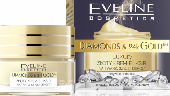 ZŁOTY KREM-ELIKSIR NA TWARZ, SZYJĘ I DEKOLT Eveline Cosmetics LIFESTYLE, Uroda - DIAMONDS & 24k GOLDTM to przełomowy program przeciwzmarszczkowy opracowany w laboratorium Eveline Cosmetics, który łączy skuteczność naturalnych składników aktywnych z najnowszymi osiągnięciami kosmetologii i medycyny estetycznej.