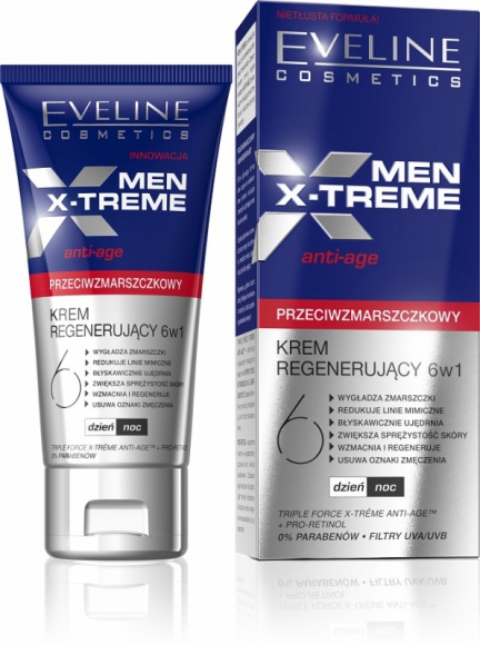 Eveline Cosmetics MEN X-TREME Przeciwzmarszczkowy Krem Regenerujący 6w1 LIFESTYLE, Uroda - PRZECIWZMARSZCZKOWY KREM REGENERUJĄCY MEN X-TREME o silnie ujędrniającej formule zapewnia wielokierunkowe działanie redukujące zmarszczki i opóźniające proces starzenia się skóry.