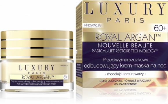 LUXURY PARIS Przeciwzmarszczkowy odbudowujący krem-maska na noc 60+ LIFESTYLE, Uroda - Rewolucyjny program LUXURY Paris Nouvelle Beauté™ został opracowany z myślą o profesjonalnej pielęgnacji skóry dojrzałej, w oparciu o rewitalizujące i odżywcze właściwości olejku arganowego.