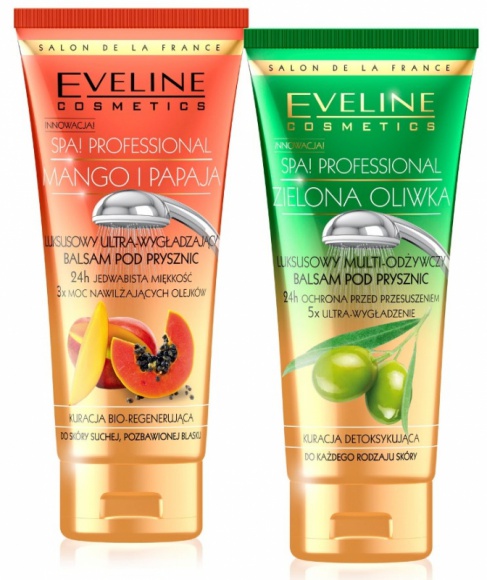 Eveline Cosmetics NOWE BALSAMY DO CIAŁA POD PRYSZNIC SPA! PROFESSIONAL LIFESTYLE, Uroda - Firma Eveline Cosmetics jako jeden z pierwszych producentów kosmetyków wprowadziła balsamy pod prysznic na polski rynek. Obecnie do już istniejących linii dołączyły dwa nowe balsamy o zapachu mango&papaja oraz zielona oliwka.