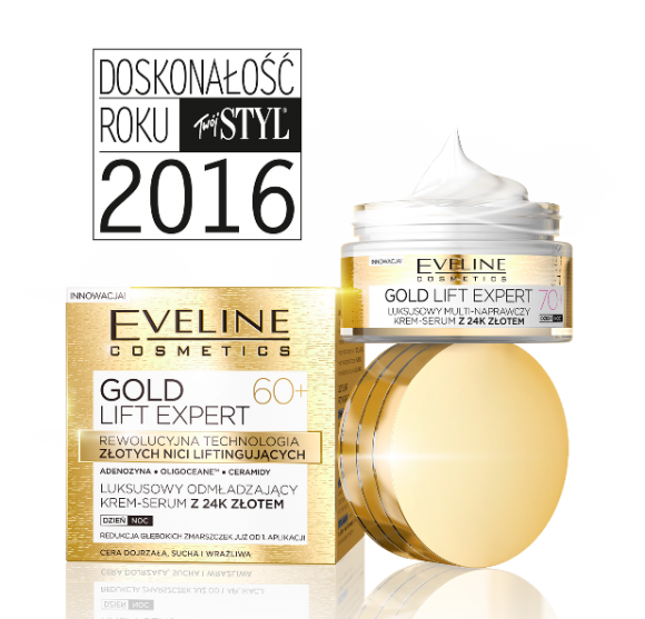 Doskonałość Roku 2016 miesięcznika „Twój Styl” dla Eveline Cosmetics LIFESTYLE, Uroda - Luksusowy odmładzający krem-serum 60+ i luksusowy multi-naprawczy krem-serum 70+ z serii Gold Lift Expert Eveline Cosmetics zostały nagrodzone podczas 22. edycji Doskonałości Roku w kategorii „Pielęgnacja twarzy, cera dojrzała kosmetyki polskie”.