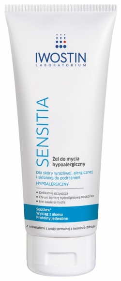 Żel hypoalergiczny do mycia Iwostin Sensitia LIFESTYLE, Uroda - Żel hypoalergiczny Iwostin delikatnie myje skórę twarzy i ciała. Jest przeznaczony do cery wrażliwej i alergicznej. Zawiera Soothex®, który ma silne właściwości przeciwzapalne oraz substancje nawilżające, wygładzające i uelastyczniające naskórek.