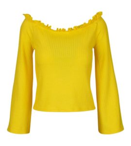 KiK_bluzka_dekolt_carmen_zdobiony_falbanka_cena_34_99 Fokus na kolor: żółto–szare stylizacje